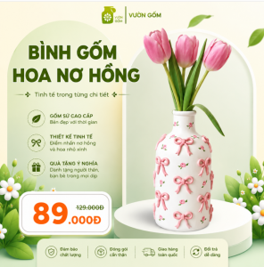 Bình Gốm Hoa Nơ Hồng